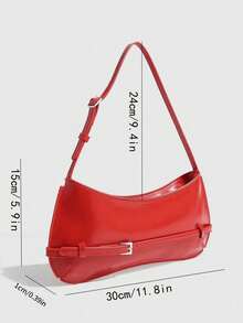 1个PU皮革女士手提包，简约纯色小包，多功能单肩包，配细肩带，亮面漆皮腋下包，红色小包 - 紅色 - 查看 5