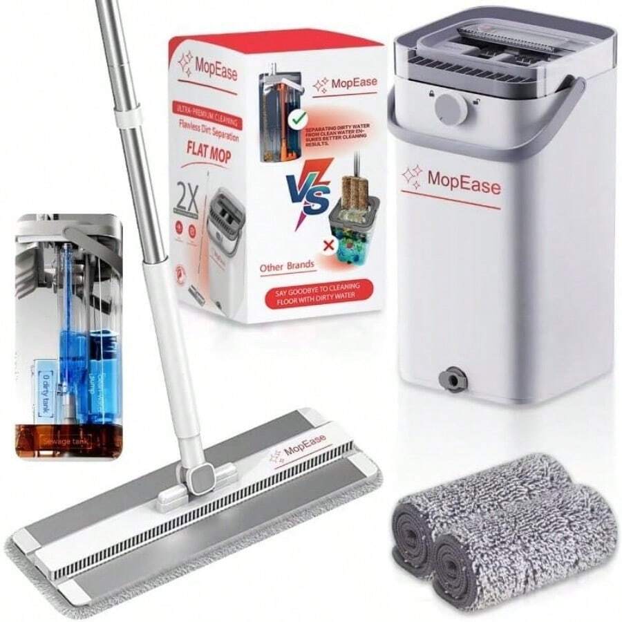 Ultra-Premium Flat Mop & Bucket Set - Waterproof Transparent Cover - Visual Cleaning Indicator - 3 Chamber Design For Clean & Dirty Water Separation, And 2 Microfiber Washable Mop Pads - Silver - View 1