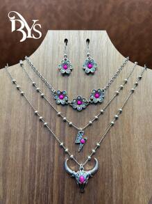 1 Set Fashion Retro Bohemian Style Zinc Alloy Flower/Lightning/Cow Head 3-Layer Pendant Necklace That Can Be Matched Freely, Flower Earrings Pendant, Suitable For Women/Girls To Match Daily Clothes, Party Accessories, Jewelry Gift For Family/Friends/Yourself