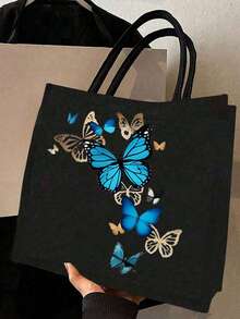 Bộ 2 túi tote in hình bướm màu hồng, vải bố họa tiết thời trang, bao gồm ví đựng tiền xu tiện dụng, hoàn hảo cho việc mua sắm, du lịch và phiêu lưu trên bãi biển, túi đa năng dành cho nữ, thích hợp cho việc sử dụng hàng ngày, du lịch, mua sắm, làm việc, tặng quà - màu đen - Xem 3