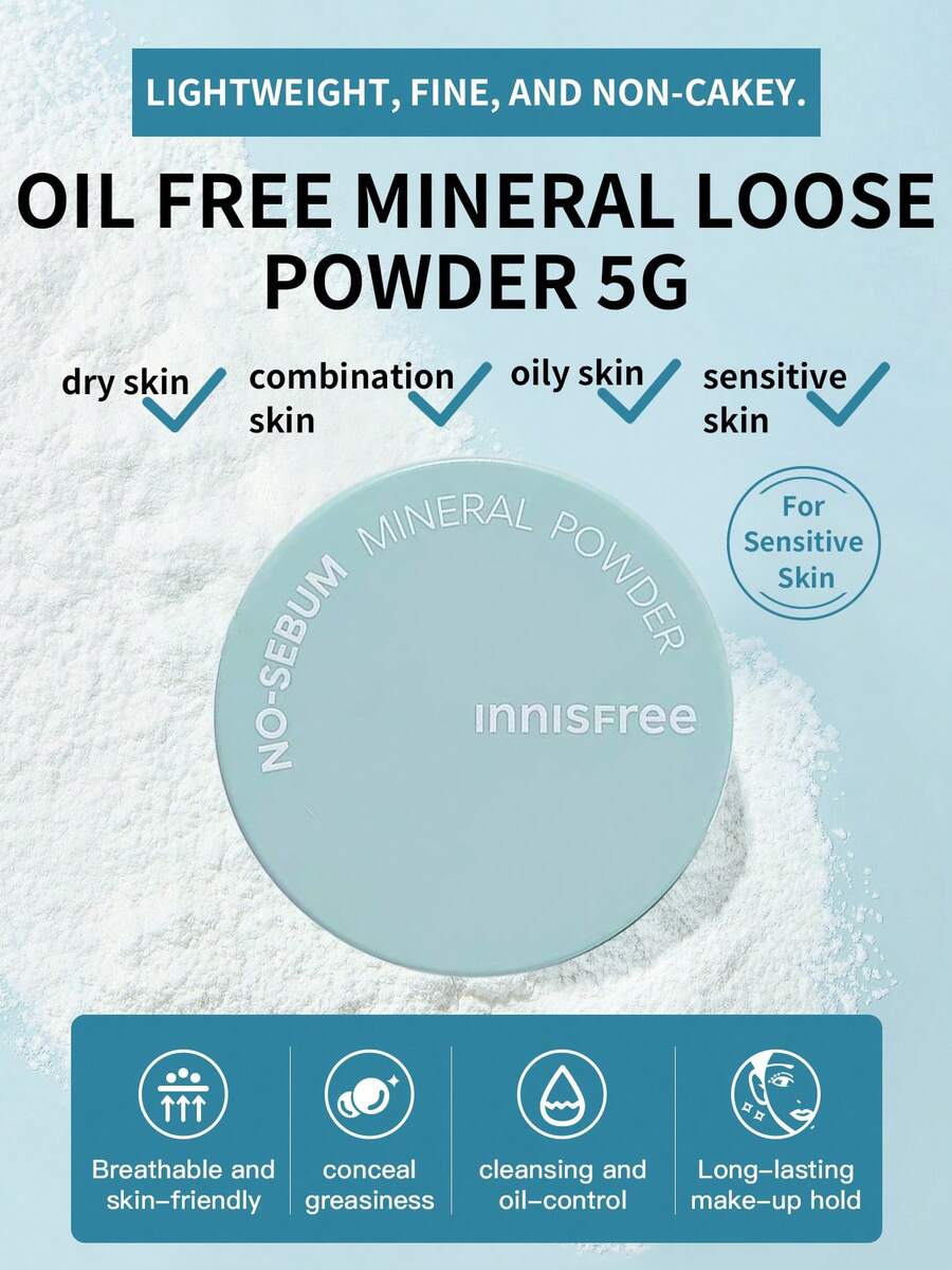 1 Box Innisfree Oil Control Matte Mineral Powder, Banana Color, 5g, Finely Textured, Long-Lasting, Suitable For Oily Skin, Daily Wear And Touch-Up