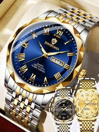 石英男士腕表防水夜光日期星期手表男士不锈钢时尚男士手表商务手表休闲男钟，1 件