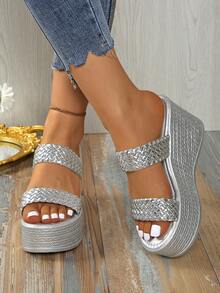 女士纯色休闲凉鞋、厚底拖鞋、夏季编织带拖鞋、厚底度假鞋 - 銀色 - 查看 2
