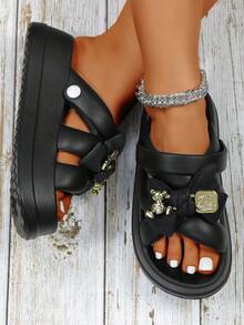 New Summer Cartoon Bear Flat Flip Flops Slippers, Lightweight Versatile Women Outdoor Casual Thong Sandals - Black - View 5