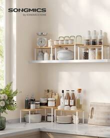 SONGMICS Organizzatori Armadio da Cucina, Set di 3 Scafali da Banco, Impilabili, Portaspezie Espandibile, in Metallo e Bambù, Bianco Nuvola e Beige Naturale - Bianco - Visualizzare 5