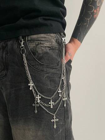 1pc Fashion Punk Cross Waist Chain, Men's Personalized Charm Multi-Layer Metal Chain Body Chain, For Pants Decoration, Holiday Gift