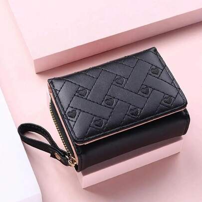 Cartera corta con bordado de corazón. Cartera con gran capacidad, de triple pliegue, con cremallera y compartimento para monedas, tarjetero para mujeres, cartera mini, cartera linda, cartera pequeña