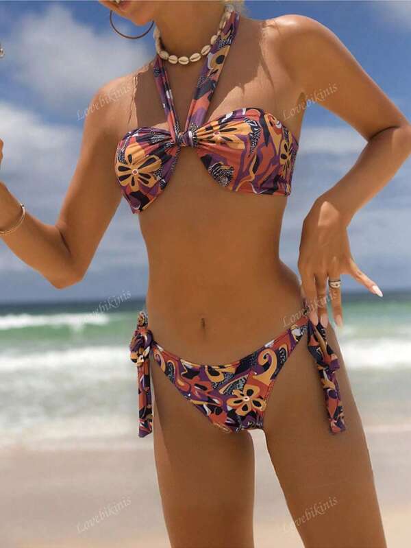 Conjunto de biquíni halter com estampa floral sexy, roupa de banho de praia de verão