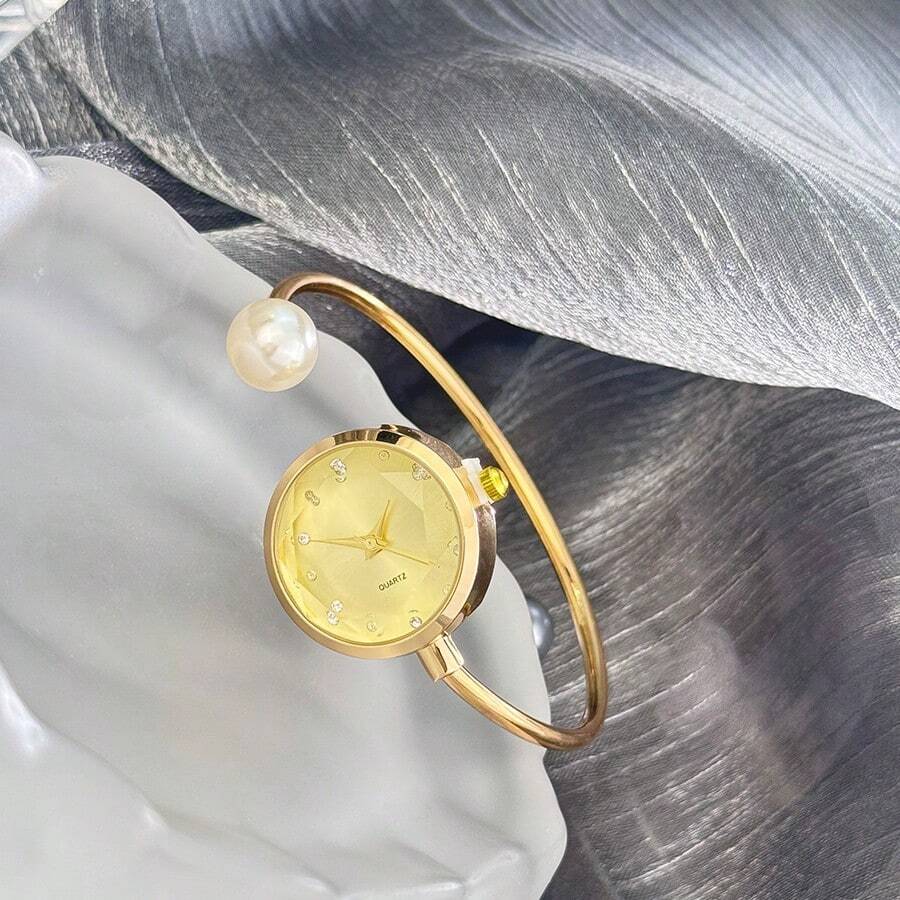 1 件女士细长手链，含 1 颗大号仿珍珠、钻石切割玻璃水晶表圈简约石英表