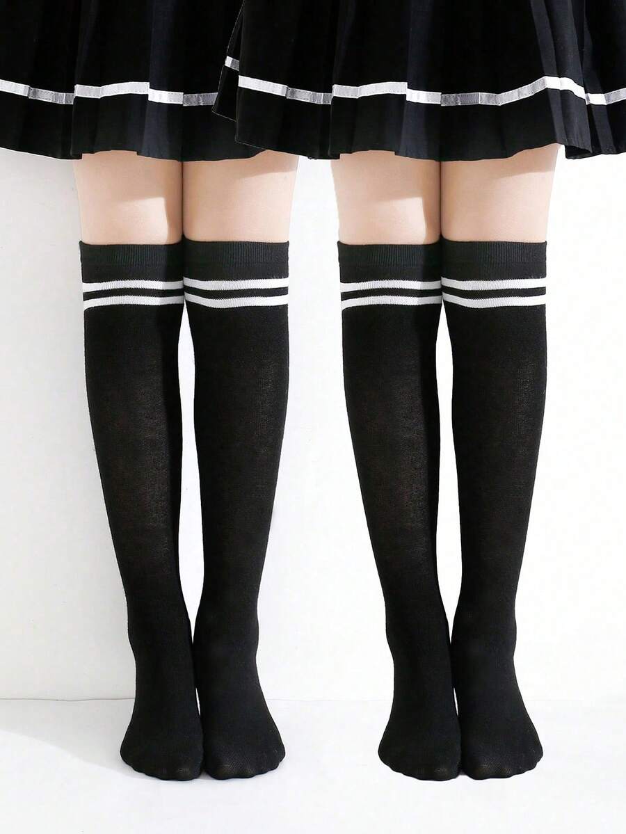 2 Pairs Girls Simple College Style Fashionable Over-The-Knee Long Socks - Black - View 1