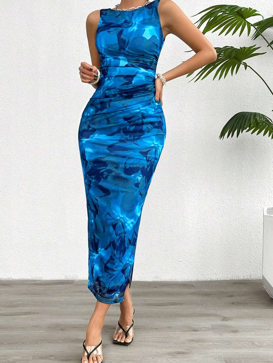 ZIAI 1pc Tie-Dye Vintage Linen Sleeveless Dress, Sexy & Elegant For Dating, Festivals, Spring/Summer