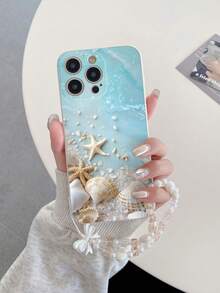 1 件白色 TPU 海滩贝壳海星图案防震手机壳和 1 件香槟色水钻珍珠心形花朵蝴蝶结挂绳，适用于 Galaxy A51 4G/Android///OPPO 手机壳防水防摔防刮 - 彩色 - 查看 1