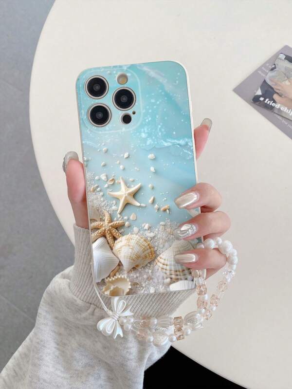 1 Peça Capa de Telefone à Prova de Choque com Padrão de Concha de Praia de TPU Branco e 1 Peça Corda de Pescoço com Pérola, Strass Champanhe e Flor em Forma de Coração, Adequada para Casos de Telefone Galaxy A51 4G/Android///OPPO
