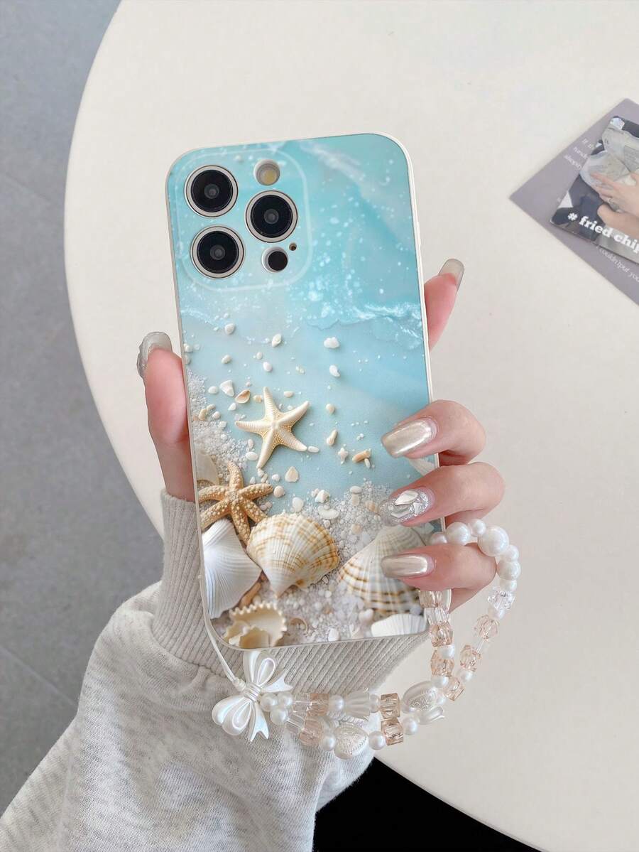 1 件白色 TPU 海滩贝壳海星图案防震手机壳和 1 件香槟色水钻珍珠心形花朵蝴蝶结挂绳，适用于 Galaxy A51 4G/Android///OPPO 手机壳防水防摔防刮 - 彩色 - 查看 1