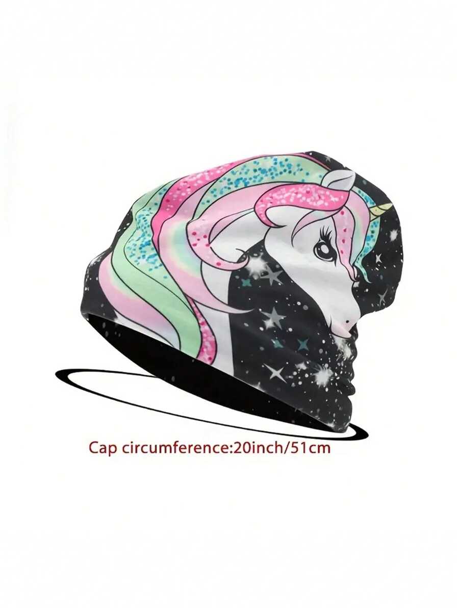 Berretto oversized da donna con stampa di unicorno cartoni animati, berretto elastico a doppio strato in pile, cappello da chemioterapia caldo e carino per uso quotidiano
