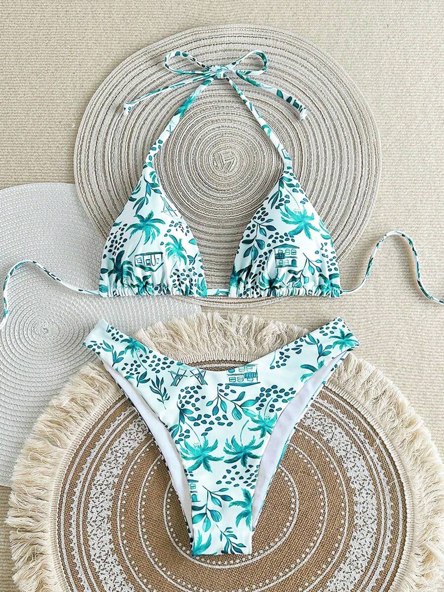 Women's Tropical Print Spaghetti Strap Triangle Bikini 2 Pieces Set, Suitable For Island Vacation And Photography - Multicolor - View 1
