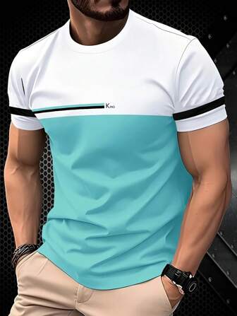 Camiseta de cuello redondo casual para hombre, de tejido de punto 100% poliéster, con ajuste regular, manga corta con estampado digital audaz, de unicolor, parte superior de moda de verano, ropa casual de verano | Ropa casual con estilo | Camiseta casual duradera, camisas para el verano