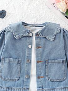 Girls' Fashionable Ruffle Collar Denim Jacket With Long Sleeves, Dual Pockets & Buttons, Suitable For Outdoor & Daily Wear, Spring/Autumn