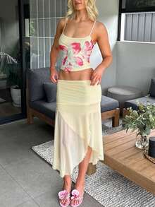 Vacation Floral Print Butter Yellow Mesh Skirts Sets Slim Fit Elegant Women Sexy Semi-Perspective Two Pieces Sets Fairycore Spring Summer Suits - Yellow - View 3
