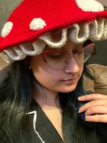 1 件女士手工针织蘑菇帽，可爱小红帽风格，温暖冬季休闲装，节日聚会 - 紅色 - 查看 3