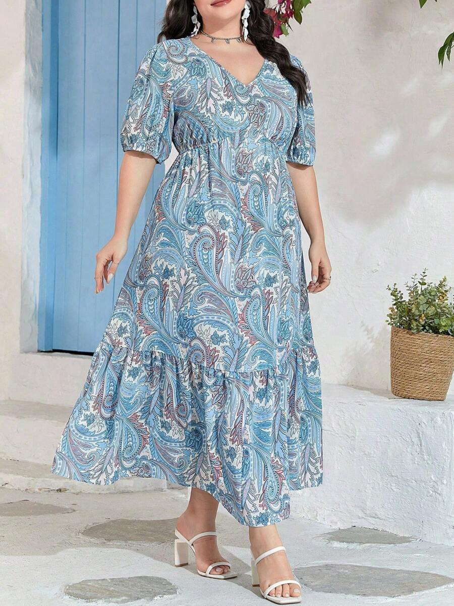 大码短袖休闲连衣裙，适合夏季穿着，优雅时尚 - 藍色 - 查看 1