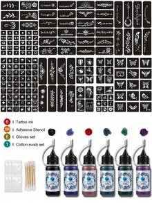 Tattoo Template Dye Set (Tattoo Template + Tattoo Wash-Off Ink) Multiple Designs, Suitable For Men And Women, For Temporary Tattoo On Finger, Wrist, Shoulder, Neck, Collarbone And Body, Waterproof Fake Tattoo Stencil Set - Multicolor - View 15