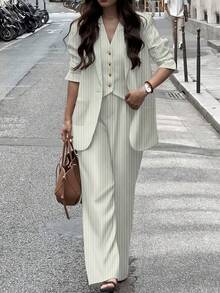 女士休闲/工作条纹夹克、裤子和背心三件套西装套装，春夏 - 米色 - 查看 7
