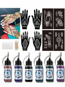 Haina Hands Tattoo Template, Fingernail Flower Tattoo Template, Staining Cream Combination, Haina Hand Drawing Set (Tattoo Template+Tattoo Juice Staining Cream), Multi Pattern, Male And Female, Semi Permanent Finger, Wrist, Shoulder, Neck, Collarbone, Body Art, Skin, Hand Drawn Waterproof Simulation Tattoo Template Set - Multicolor - View 1