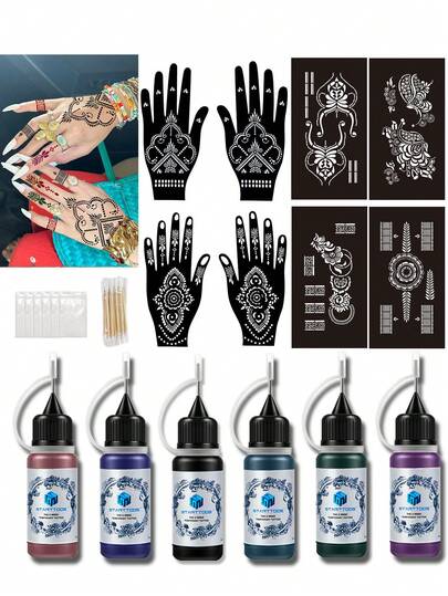 Haina Hands Tattoo Template, Fingernail Flower Tattoo Template, Staining Cream Combination, Haina Hand Drawing Set (Tattoo Template+Tattoo Juice Staining Cream), Multi Pattern, Male And Female, Semi Permanent Finger, Wrist, Shoulder, Neck, Collarbone, Body Art, Skin, Hand Drawn Waterproof Simulation Tattoo Template Set