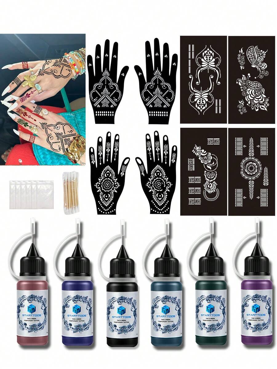 Haina Hands Tattoo Template, Fingernail Flower Tattoo Template, Staining Cream Combination, Haina Hand Drawing Set (Tattoo Template+Tattoo Juice Staining Cream), Multi Pattern, Male And Female, Semi Permanent Finger, Wrist, Shoulder, Neck, Collarbone, Body Art, Skin, Hand Drawn Waterproof Simulation Tattoo Template Set - Multicolor - View 1
