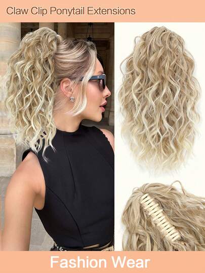 12inch Ponytail Extension Curly Hair Claw Clip Drawstring Ponytail Extensions (Medium Brown Mix Bleach Blonde) Hair Pieces For Women Synthetic Friendly Fiber