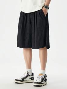 Plus Size Solid Color Knitted Ice Silk Fabric Casual Sports Shorts, Suitable For Summer - Black - View 3