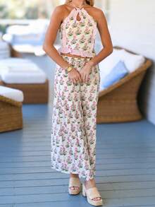 Women's 2 Piece Skirt Outfits Halter Neck Ruffle Trim Tops Long Flowy Skirt Set - Nhiều màu - Xem 3