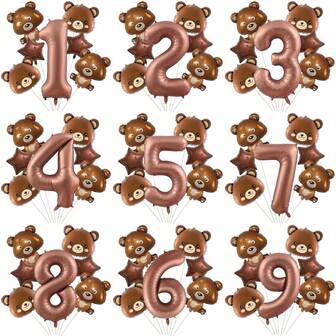 7pcs/Set 40 Inch Brown Bear Shaped Number 1-9 Foil Balloons For Birthday Party Decorations