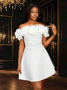 Vestido corto mini sin tirantes de flores 3D aplicadas en blanco para mujer - Vestido de novia, vestido de graduación