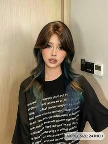 1 Piece Of Dyed Blue Synthetic Heat-Resistant Curly Hair, 24 Inches Long, Made Of Fiber, Suitable For Daily Use, Natural And Realistic Wig. - Blue Highlight - View 4