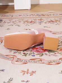 Lolita Ballerina Style Square Toe High Heels With Cross Strap, Mary Jane French Girl Style Satin Bow Solid Color Fashion Y2K PU Leather Outdoor Shoes, All Seasons - Pink - View 7