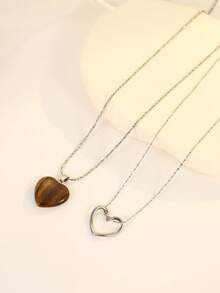 2pcs Stainless Steel Silver Color Heart Necklace Set, Suitable For Women's Daily Decoration Or Gifts - Silver - View 2