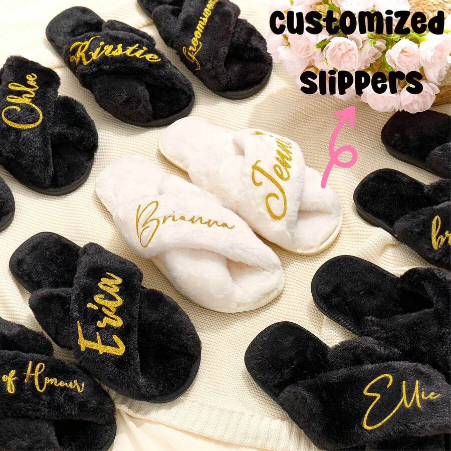 Custom Fluffy Slippers, Personalized Bride Slippers, Fluffy Bridesmaid Slippers, Fluffy Cross Faux Pearls Slippers, Bridal Shower Gift