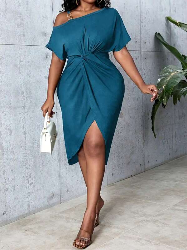 Plus Size Elegant Oblique Shoulder Twist Waist Slit Dress, Summer