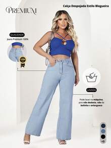 Women's Wide Leg Jeans, High-Rise, 100% Premium Cotton, Wide Leg, Marbled Blogger - 淺色水洗藍 - 查看 4