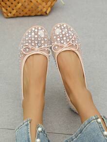 Damen Slip-On Flache Schuhe, modisch sexy mit Strass-Schleifen-Dekor - NACKT - Übersicht 2