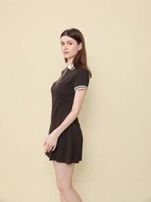 Abito a pieghe color block a righe a costine di moda - Castano - Visualizzare 3