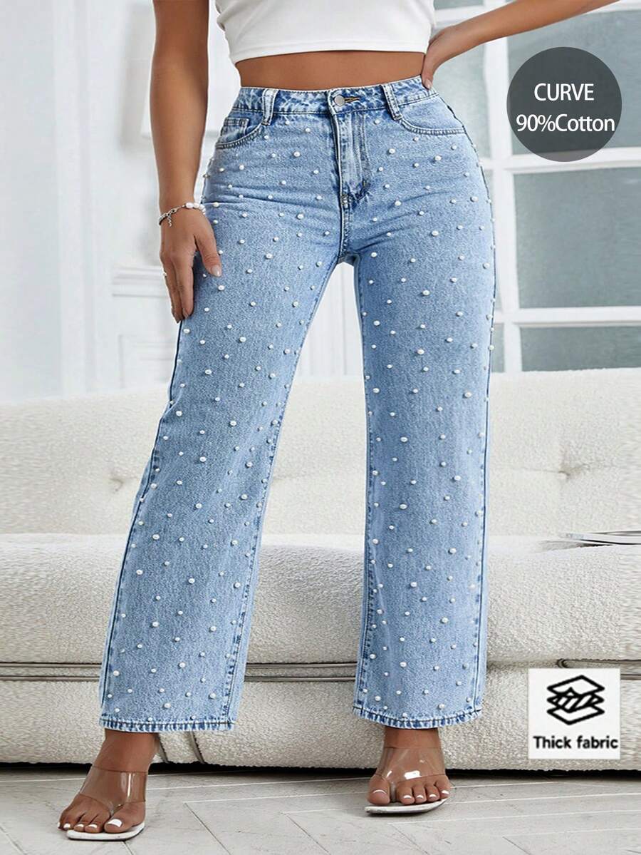 Plus Size Women Distressed Light Blue Faux Pearl Embellished Jeans - Light Wash - View 1