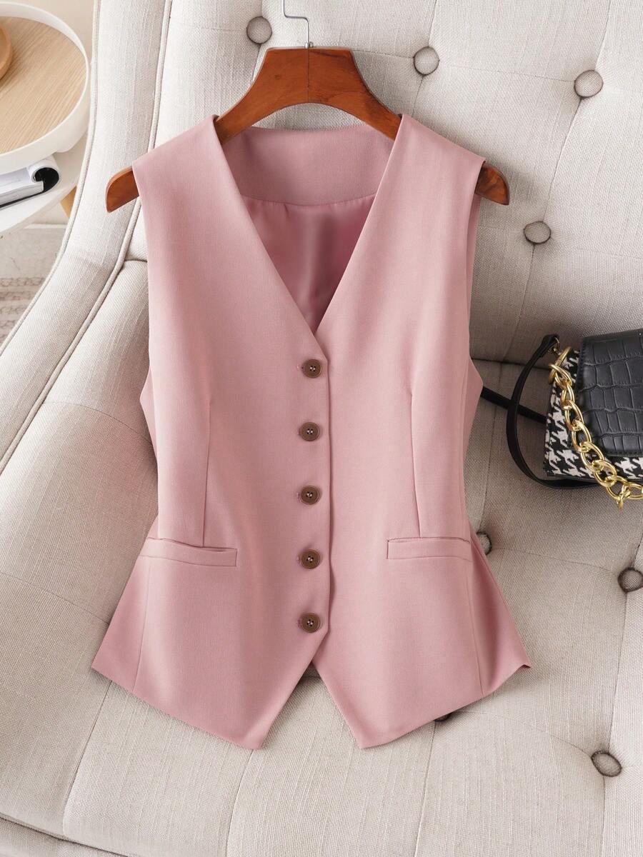 Rompi Wanita Warna Polos, Jaket Leher V, Potongan Ramping, Musim Semi/Gugur, Modis untuk Beraktivitas di Luar Ruangan, Pakaian Wanita Warna Pink Musim Panas - Berwarna merah muda - View 1