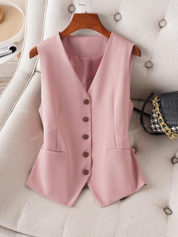 Women's Solid Color Vest, V-Neck Jacket, Slim Fit, Spring/Autumn, Fashionable Commuter, Open Front, Female Clothing