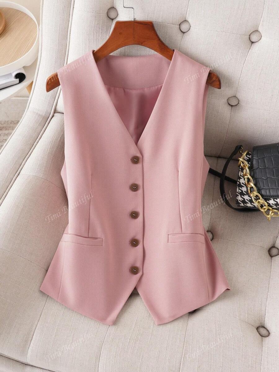Women's Solid Color Vest, V-Neck Jacket, Slim Fit, Spring/Autumn, Fashionable Commuter, Open Front, Female Clothing