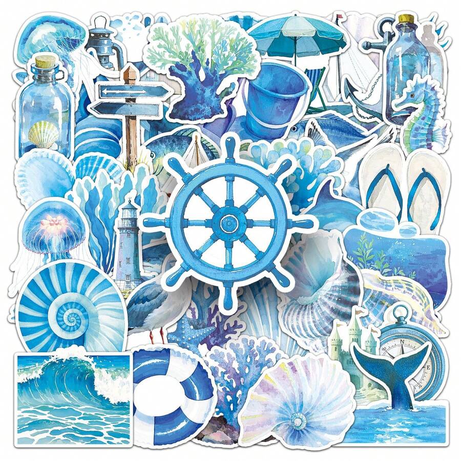 50入海洋主題禮品海灘裝飾藍色貼紙 海洋裝飾貼紙 海豚貼紙 返校季貼紙 防水乙烯貼紙 唯美筆電貼紙組 滑板貼紙 水壺貼紙 筆記本貼紙