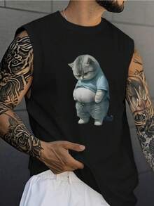 Men's Casual Cat Sleeveless Shirt – Black Tank Top For Daily Wear & Urban Fashion,Men's Summer Streetwear Sleeveless Tee – " Cat" Graphic Athletic Tank Top For Cat Lovers - Black - View 1