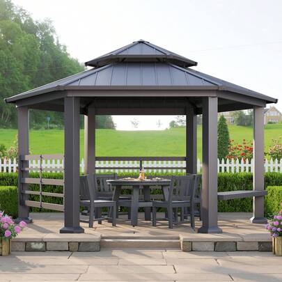 13x15FT Hexagon Hardtop Gazebo – Double-Tiered Metal Patio Pavilion With Aluminum Foot, Dual Rails, Ceiling Hook, And Bench For Patio, Garden, And Backyard Shade